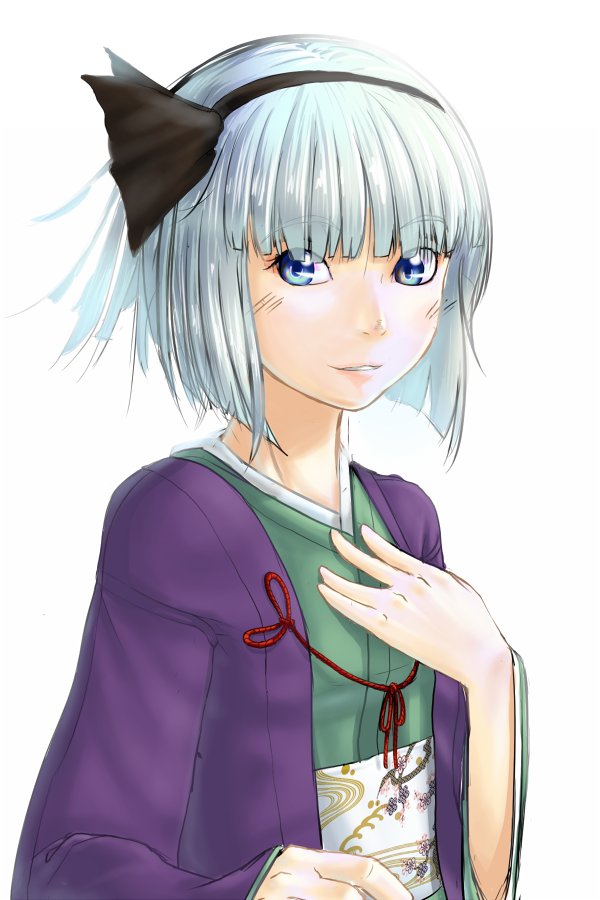bangs blue_eyes blunt_bangs bob_cut bust face hairband hand_on_own_chest hand_to_chest hands japanese_clothes kimono konpaku_youmu mossari_poteto silver_hair solo touhou