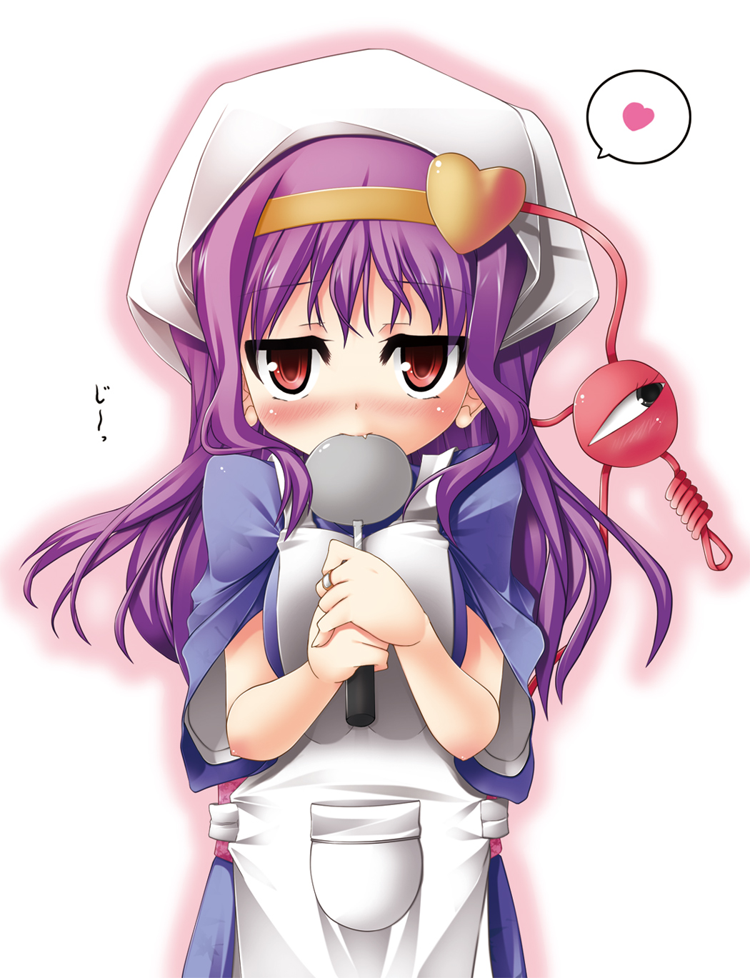 alternate_costume alternate_hair_length alternate_hairstyle apron biting blue_dress blush breast_squeeze breasts bust dress eyeball fang hairband hands_on_own_chest hands_to_chest hat head_scarf heart highres komeiji_satori ladle long_hair purple_hair red_eyes solo standing third_eye touhou uhyo_(uhyoahya) uhyoahya uhyouhyouhyo