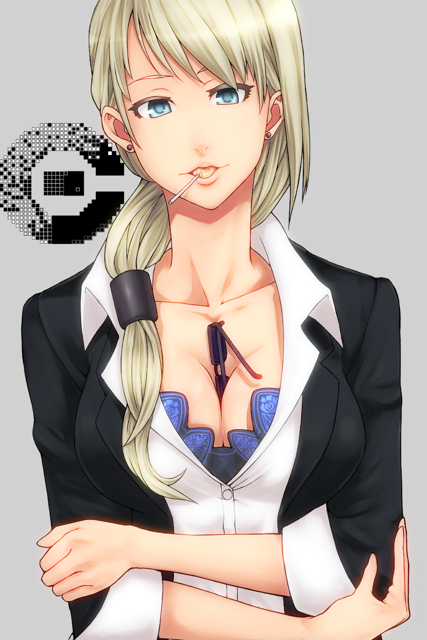 blue_eyes bra breast_lift breasts c_(control) c_the_money_of_soul_and_possibility_control candy cleavage crossed_arms earrings formal highres jennifer_satou jewelry lace-trimmed_bra large_breasts lollipop long_hair mouth_hold ponytail sleeves_rolled_up suit sunglasses suzuki_(pixiv1277943) underwear white_hair