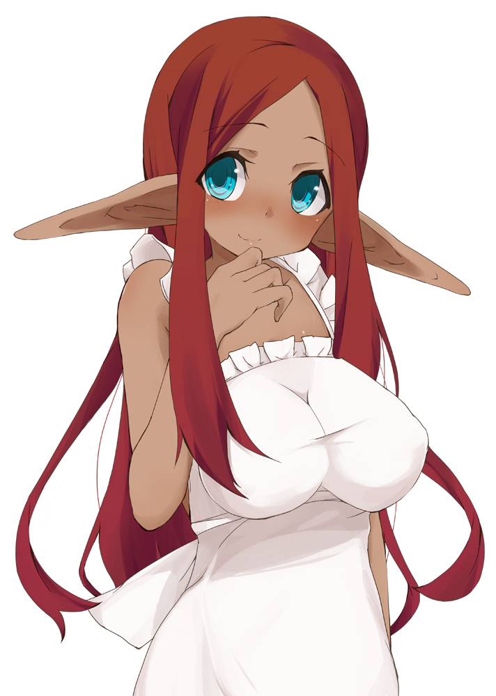 apron bitter69 blue_eyes blush breasts dark_elf dark_skin elf female impossible_clothes large_breasts long_hair long_pointy_ears maid-chan_(maze) maze_(gochama_ze_gohan) naked_apron original pointy_ears red_hair redhead simple_background smile solo transparent_background
