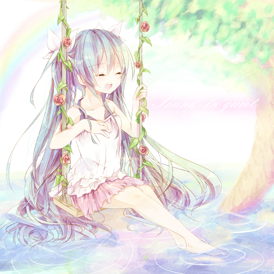 barefoot blue_hair camisole closed_eyes eyes_closed feet_in_water hatsune_miku long_hair no_nose open_mouth rainbow shain_roki singing sitting skirt soaking_feet solo swing twintails very_long_hair vocaloid water
