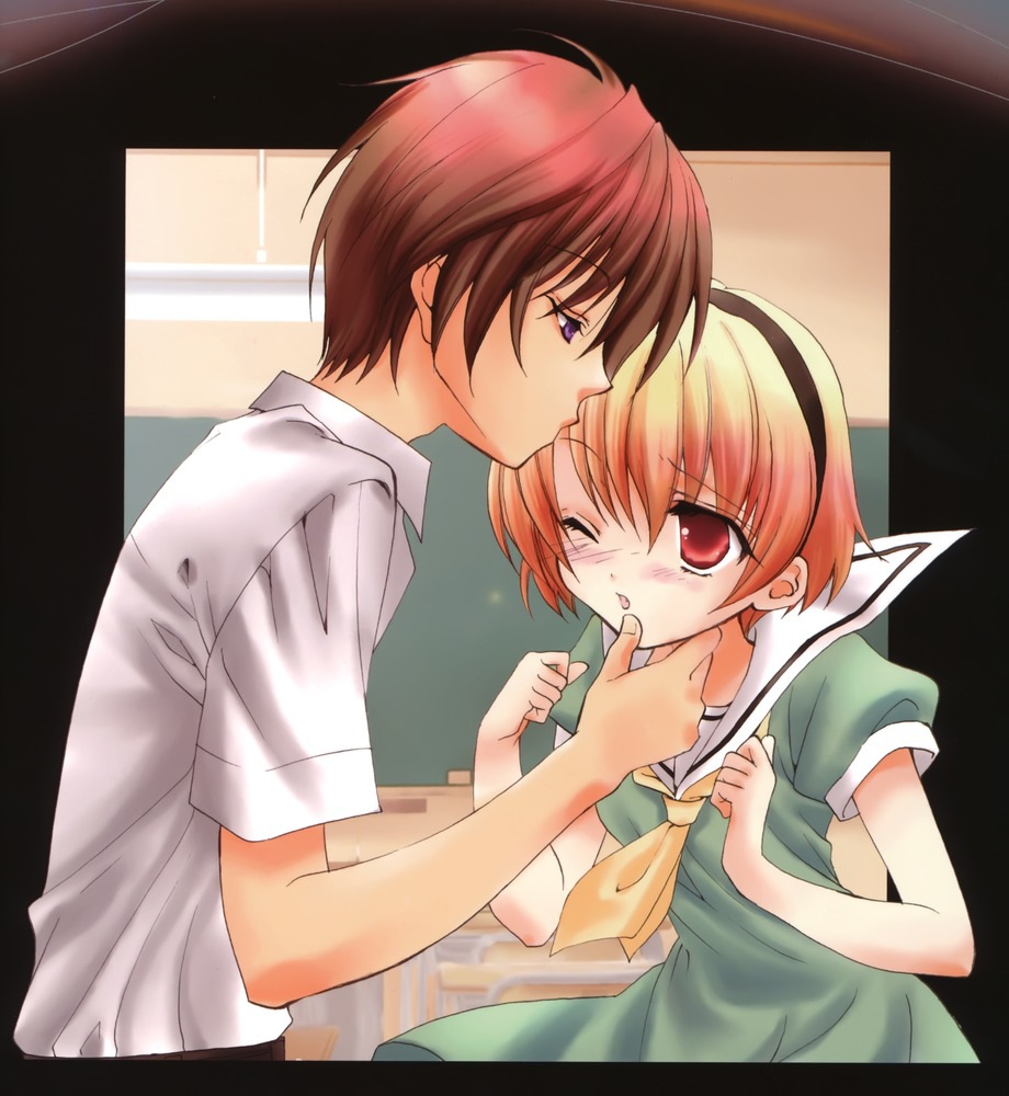 ascot blonde_hair blue_eyes blush brown_hair dress hairband hand_to_chin higurashi_no_naku_koro_ni houjou_satoko houjou_yutori maebara_keiichi open_mouth shirt wince