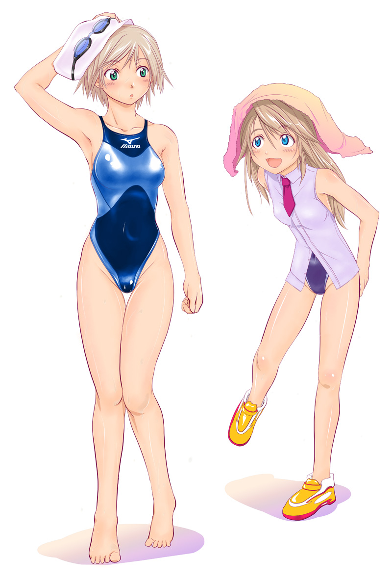 blue_eyes brown_hair competition_swimsuit goggles green_eyes jacket long_hair mizuno multiple_girls necktie no_socks one-piece_swimsuit original shoes shoko_(moccom) short_hair swim_cap swimsuit swimsuit_under_clothes thigh_gap thighs towel towel_on_head