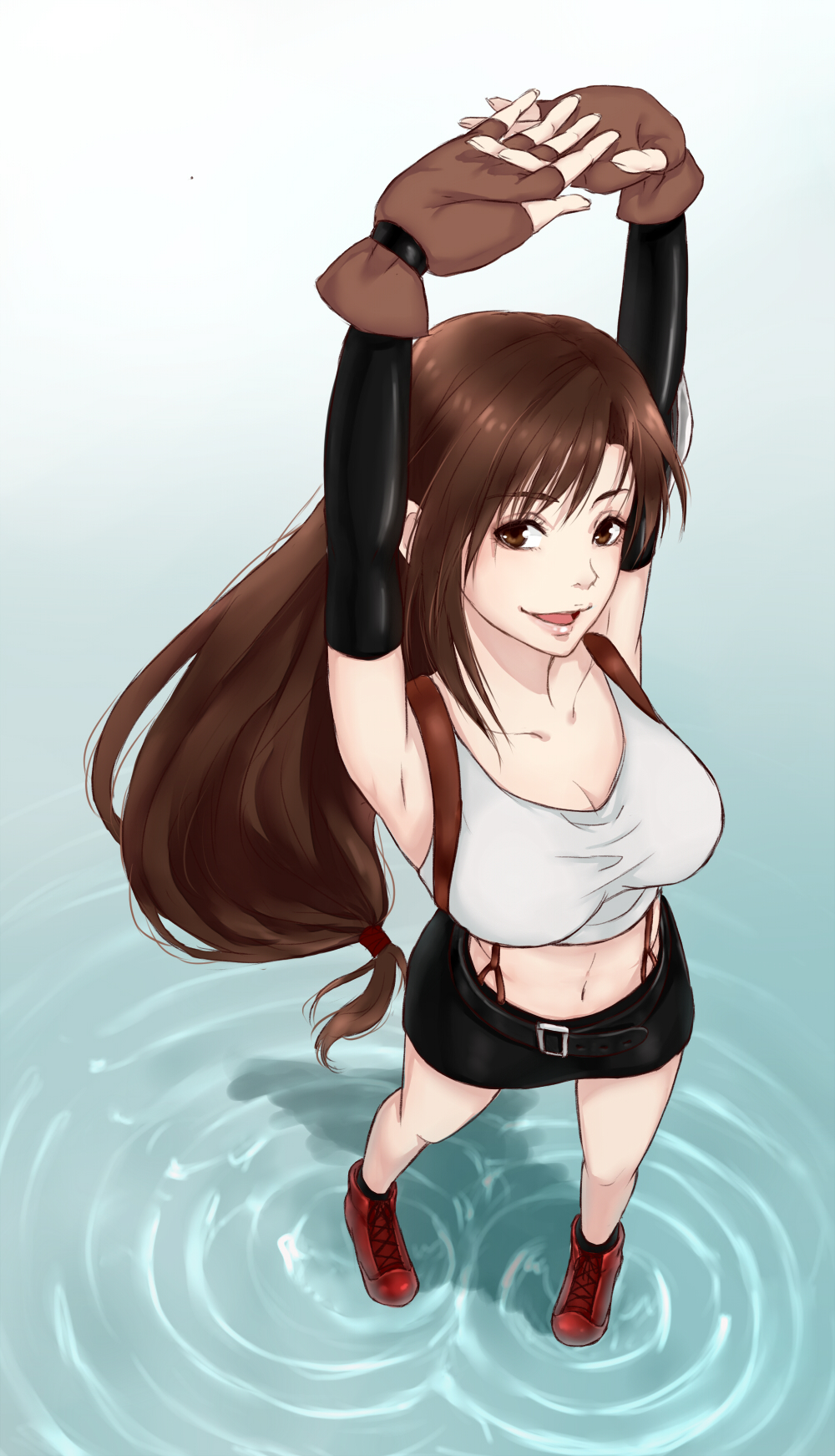 arms_up au boots breasts brown_eyes brown_hair cleavage elbow_gloves female final_fantasy final_fantasy_vii fingerless_gloves gloves highres ka_yan long_hair low-tied_long_hair midriff miniskirt navel open_mouth skirt solo stretch suspenders tank_top tanktop taut_shirt tifa_lockhart