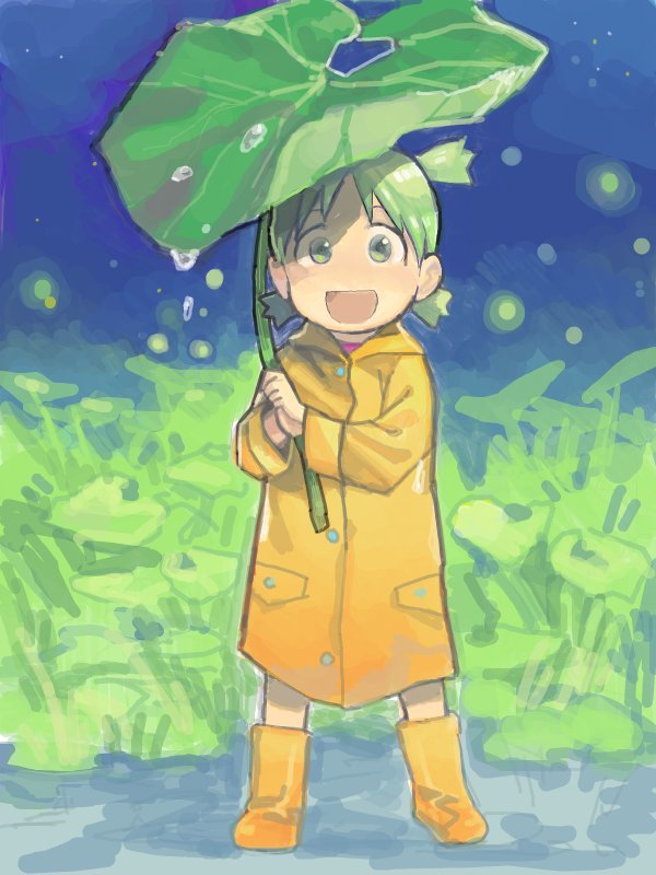 1girl :d bad_id child green_eyes green_hair icym koiwai_yotsuba leaf open_mouth quad_tails rain raincoat smile solo wellingtons yotsubato!