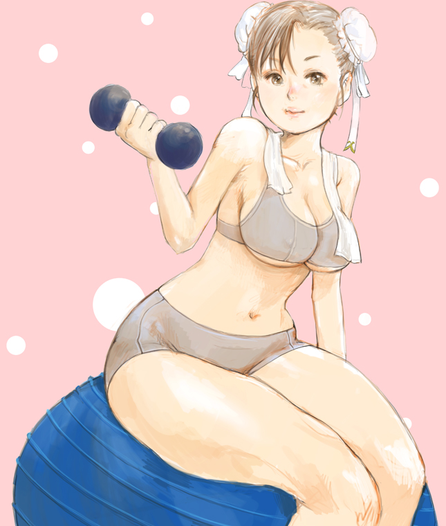 ball bare_shoulders bra breasts brown_eyes brown_hair chun-li cleavage dumbbell exercise_ball kazaana large_breasts light_smile lingerie navel short_hair short_shorts shorts solo sports_bra street_fighter street_fighter_ii thick_thighs thighs under_boob underboob underwear weights