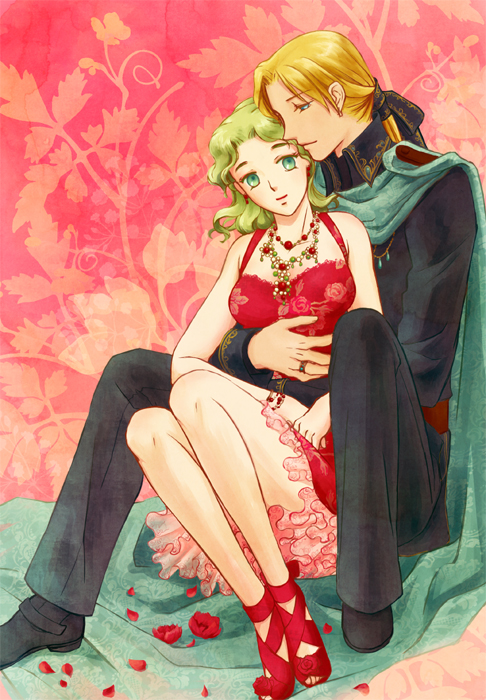 1girl bad_id cape couple daytime dress earrings edgar_roni_figaro final_fantasy final_fantasy_vi flower green_eyes green_hair high_ponytail jewelry necklace ren_mizuha ring short_hair short_ponytail tina_branford