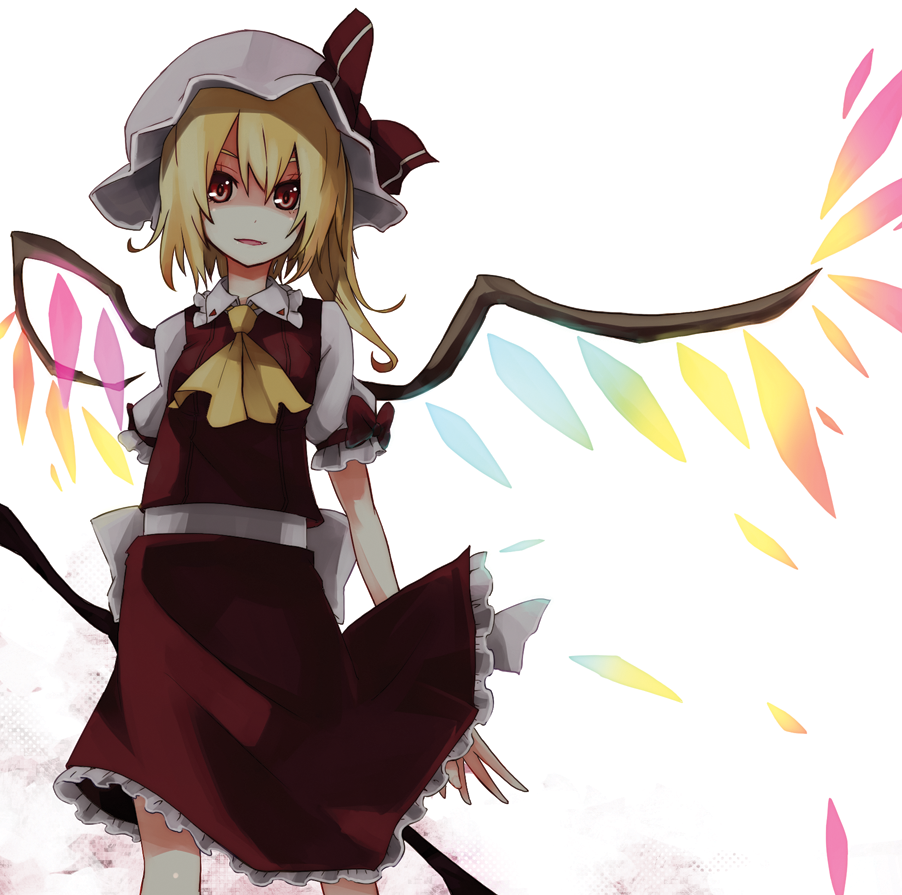 album_cover alternate_wings ascot blonde_hair cover flandre_scarlet gradient hat looking_at_viewer parted_lips red_eyes shirofox short_hair side_ponytail simple_background smile solo the_embodiment_of_scarlet_devil touhou wings