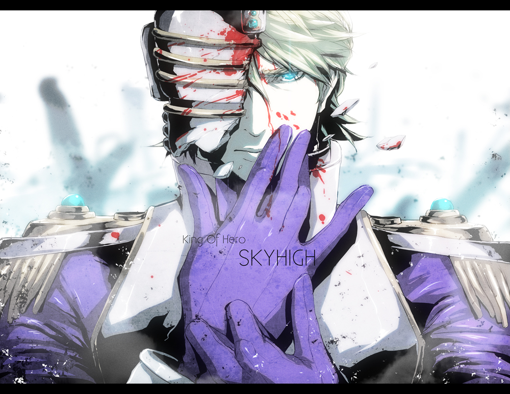 1boy blonde_hair blood blue_eyes engrish epaulettes glaring gloves glowing glowing_eyes helmet injury keith_goodman male mask mask_removed ranguage s_tanly sky_high solo superhero tiger_&amp;_bunny unmasked