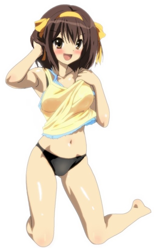 bikini blush brown_eyes brown_hair camisole hair_ribbon hairband kneeling midriff momoiro_tanuki navel ribbon short_hair smile solo suzumiya_haruhi suzumiya_haruhi_no_yuuutsu swimsuit