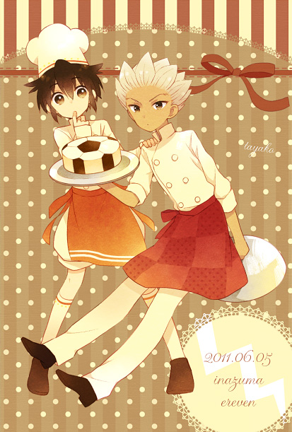 apron bad_id brown_hair cake chef chef_hat endou_mamoru food gouenji_shuuya hat inazuma_eleven inazuma_eleven_(series) multiple_boys pants short_hair tayako toque_blanche tray white_hair