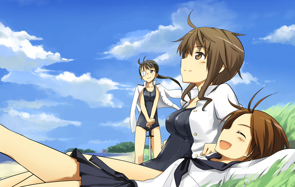 3girls beach black_hair blush brown_eyes brown_hair closed_eyes cloud clouds eyepatch eyes_closed grass hands_on_hilt jacket_on_shoulders light_smile long_hair lying multiple_girls nishizawa_yoshiko ocean on_ground one-piece_swimsuit open_mouth ponytail profile reclining sakamoto_mio sandwich_(artist) school_swimsuit school_uniform serafuku short_hair sky smile standing strike_witches swimsuit swimsuit_under_clothes sword takei_junko torii water weapon