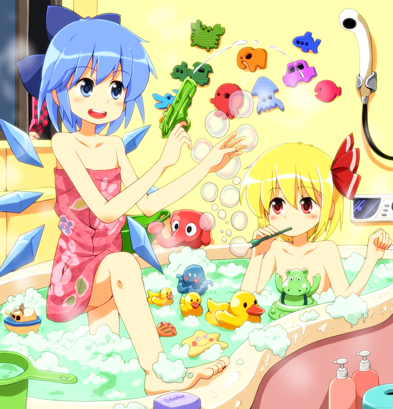 barefoot bath bathtub blonde_hair blue_eyes blue_hair blush boat bow bubble cellphone censored cirno convenient_censoring elephant hair_bow hair_ribbon hippopotamus multiple_girls octopus open_mouth phone red_eyes ribbon rubber_duck rumia smile soap starfish steam straw the_embodiment_of_scarlet_devil tksymkw touhou towel toy tsurukou_(tksymkw) water water_gun window wings youkai