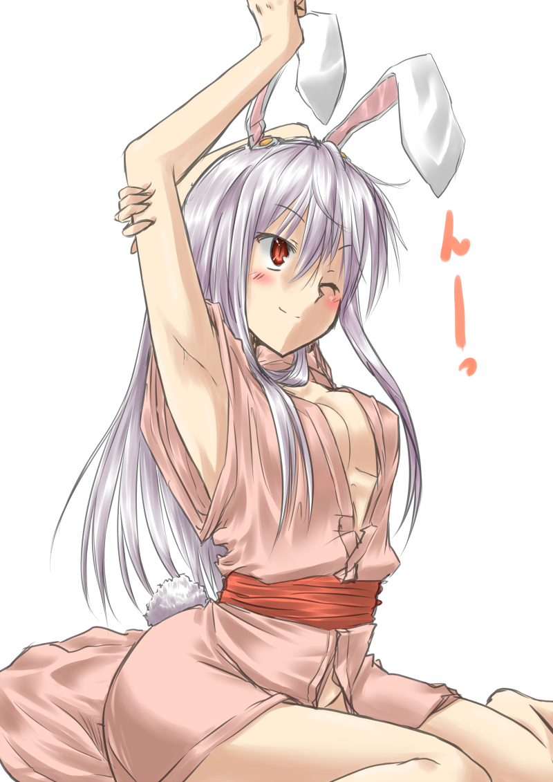 alternate_costume animal_ears armpits arms_up blush breasts bunny_ears bunny_tail cleavage long_hair no_bra no_panties open_clothes open_shirt purple_hair red_eyes reisen_udongein_inaba sagami_uta shirt simple_background smile solo stretch tail touhou wink