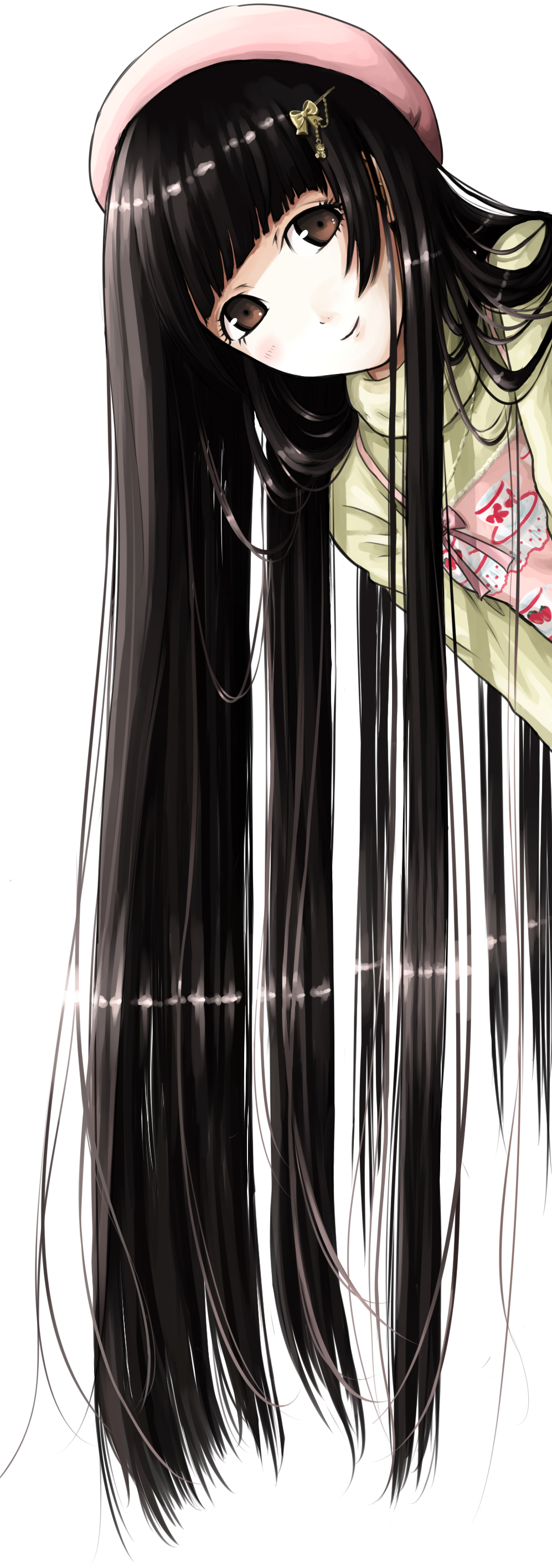 bangs beret black_hair blunt_bangs brown_eyes face hair_ornament hairclip haruna_(kazuharu) hat highres kazuharu_kina long_hair long_image original peeking peeking_out shiny shiny_hair smile solo tall_image very_long_hair