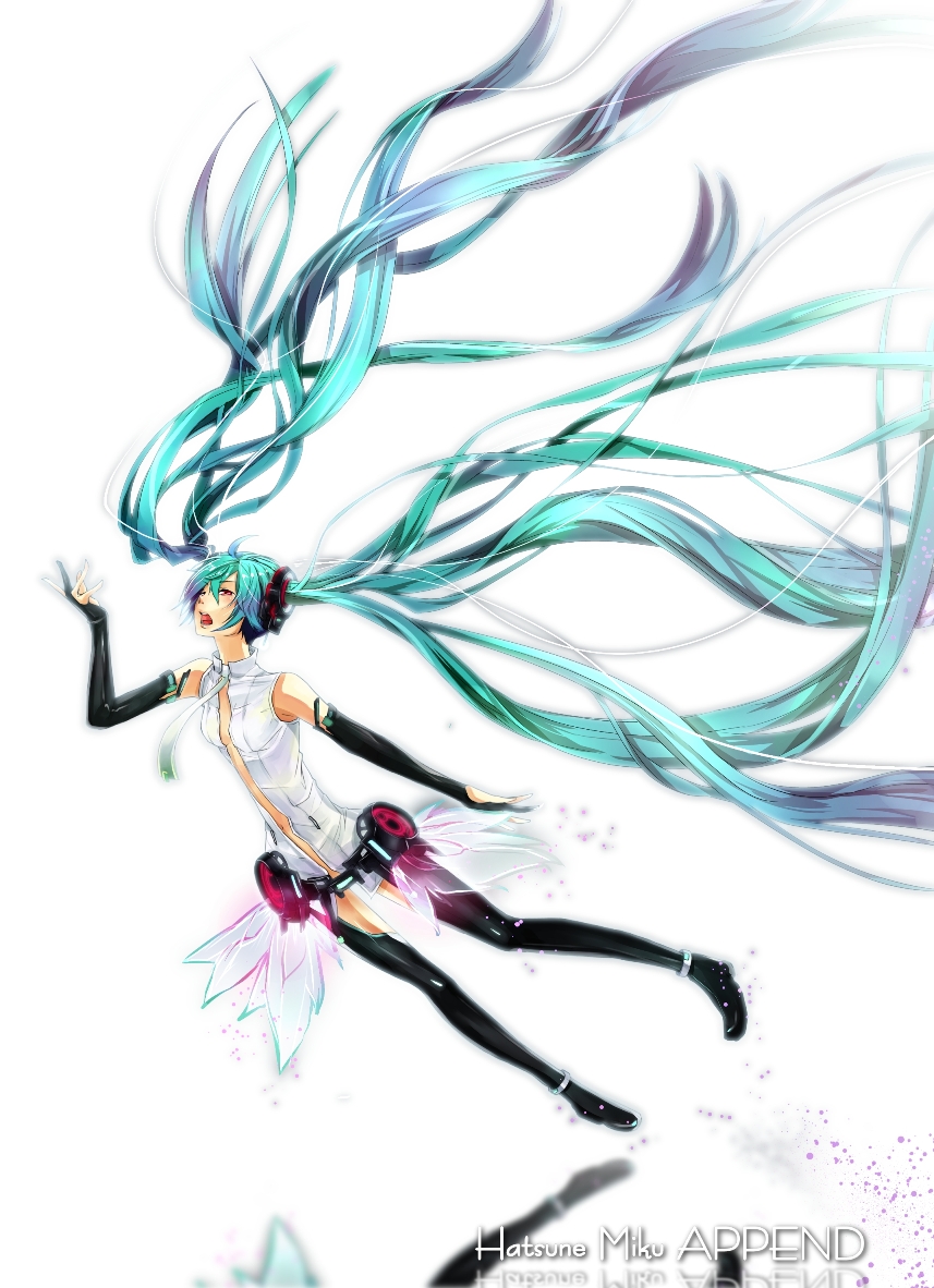 aqua_hair bridal_gauntlets floating_hair hatsune_miku hatsune_miku_(append) long_hair miku_append necktie open_mouth rituiti solo thigh-highs thighhighs twintails very_long_hair vocaloid vocaloid_append