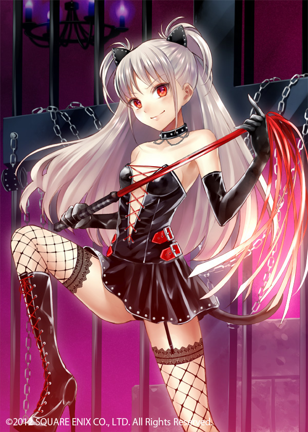 1girl animal_ears bare_shoulders blush boots character_request choker corset dress elbow_gloves fishnet_legwear fishnets fukahire_sanba gloves high_heels kaku-san-sei_million_arthur latex latex_dress latex_gloves long_hair red_eyes shoes silver_hair skin-tight skin_tight skirt smile solo thighhighs twintails two_side_up