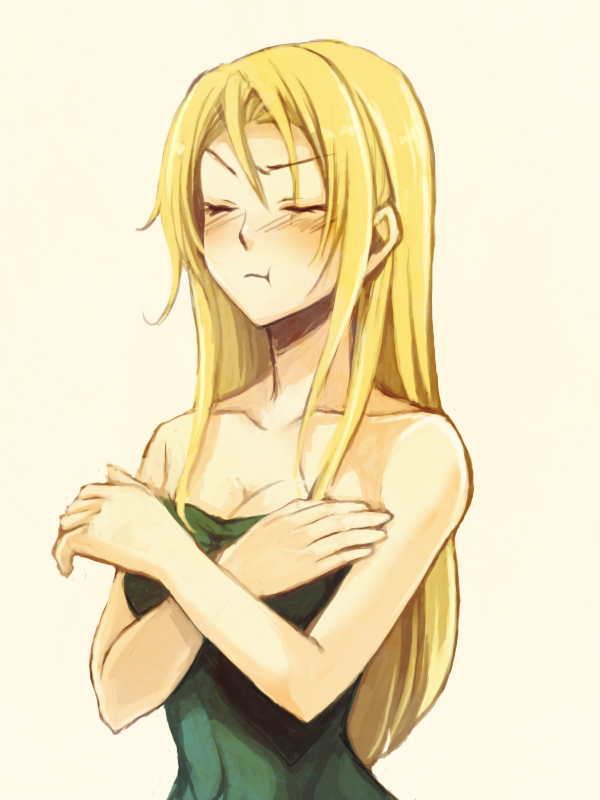 :t bare_shoulders blonde_hair blush breasts celes_chere cleavage closed_eyes crossed_arms eyes_closed female final_fantasy final_fantasy_vi hanarin karindrops leotard long_hair pout solo