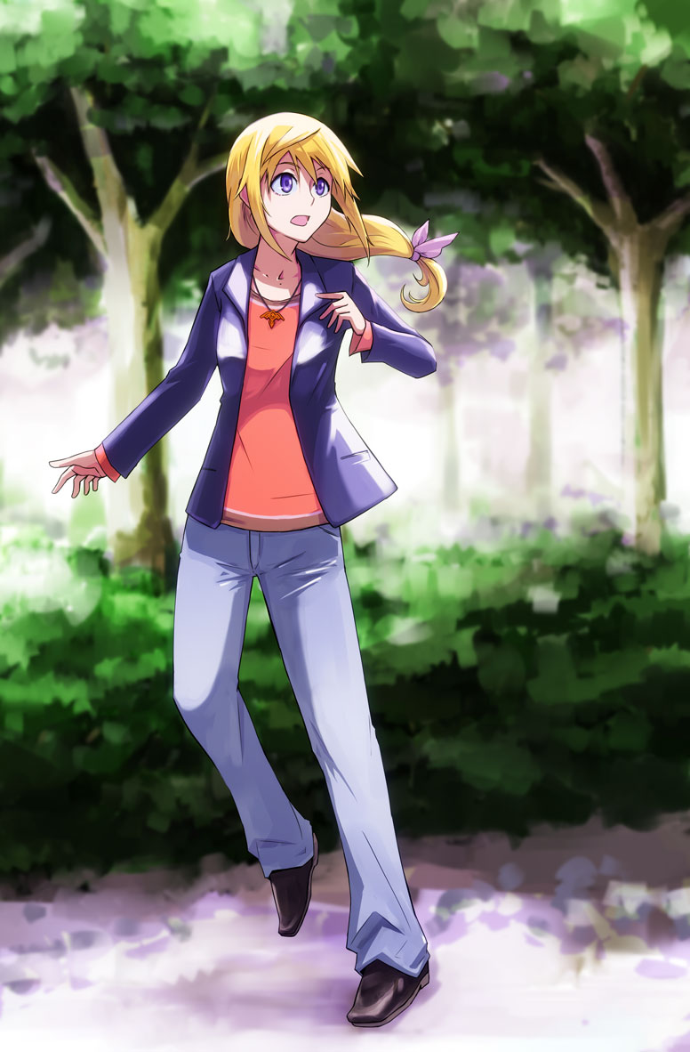 bad_id blonde_hair casual charlotte_dunois infinite_stratos jeans jewelry kaoru348 necklace ponytail purple_eyes solo violet_eyes