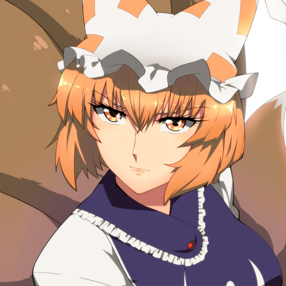 animal_ears anime_coloring bangs blonde_hair bust face fox_tail from_above hair_between_eyes hat kaiza_(rider000) lips looking_up multiple_tails rider000 short_hair solo sparkle tabard tail touhou yakumo_ran yellow_eyes