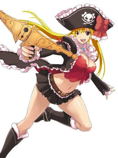 blonde_hair boots bow bow_(weapon) breasts brown_eyes bustier captain_liliana captain_liliana_(cosplay) cleavage cosplay crossbow dream_c_club frills hat jolly_roger karubi knee_boots large_breasts legs lingerie lowres mian_(dream_c_club) midriff miniskirt navel open_mouth pirate pirate_hat pleated_skirt queen's_blade queen's_blade_rebellion queen's_blade queen's_blade_rebellion skirt skull_and_crossbones skull_and_crossed_swords solo thighs twintails underwear weapon