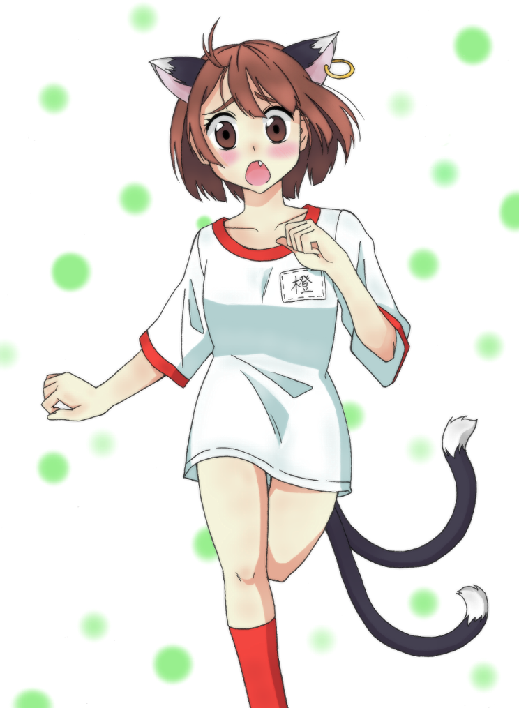 alternate_costume animal_ears bad_id bottomless brown_eyes brown_hair cat_ears chen fang gym_uniform jewelry multiple_tails open_mouth running shinba short_hair single_earring solo tail touhou