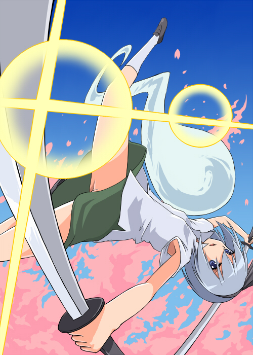 anime_coloring blue_eyes dress_shirt dual_wielding ghost katana komakedara konpaku_youmu konpaku_youmu_(ghost) myon no_panties ribbon shirt short_hair silver_hair skirt solo sword touhou weapon