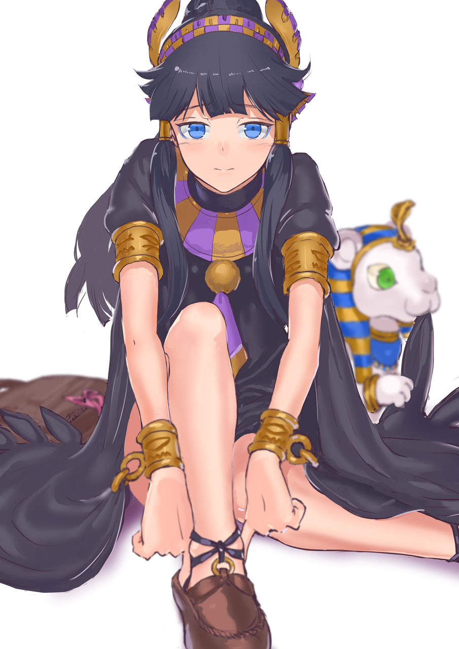 1girl black_dress black_hair blue_eyes blurry depth_of_field dress egyptian eyeshadow hair_tubes hairband highres jewelry jyon lion long_hair looking_at_viewer makeup necklace nephthys_(p&amp;d) ponytail puffy_short_sleeves puffy_sleeves puzzle_&amp;_dragons short_sleeves solo