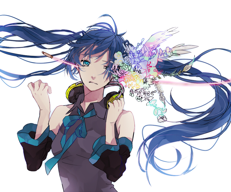 aqua_eyes blue_hair detached_sleeves flower hatsune_miku headphones headphones_around_neck saikawa_(0902k137) solo twintails vocaloid wings