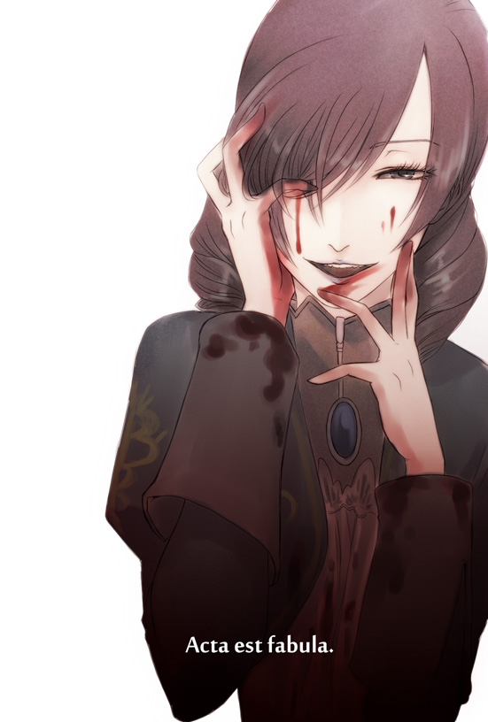 1girl bad_end blood blood_on_face brooch crazy_smile daniella demento drill_hair grey_eyes hair_over_one_eye half-closed_eyes hands_on_own_face latin maid murai_shinobu open_mouth purple_hair simple_background smile solo twin_drills white_background wrist_cuffs yandere_trance