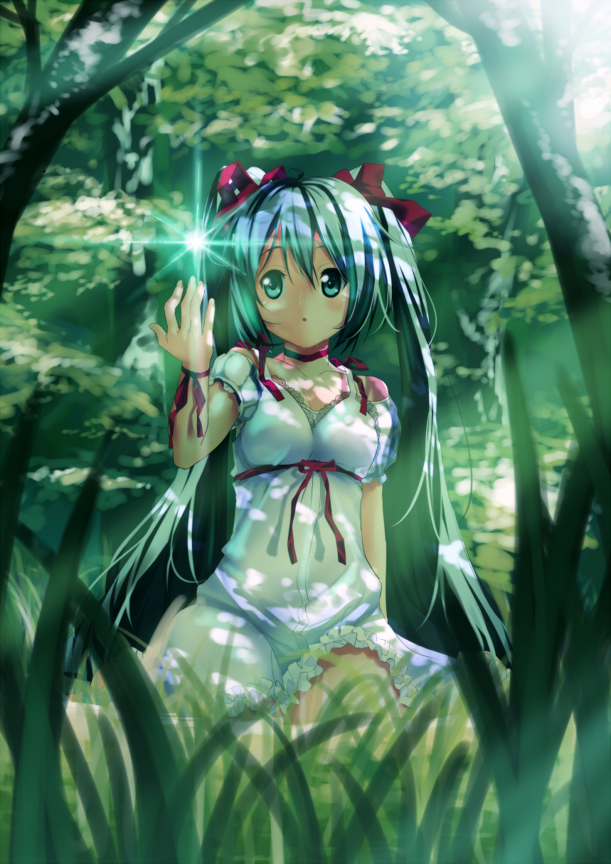 :o aqua_eyes aqua_hair dress forest glint hair_ribbon hatsune_miku highres lace long_hair magic nagareboshi nature ribbon short_dress sitting solo sundress tree tree_shade twintails very_long_hair vocaloid wrist_ribbon