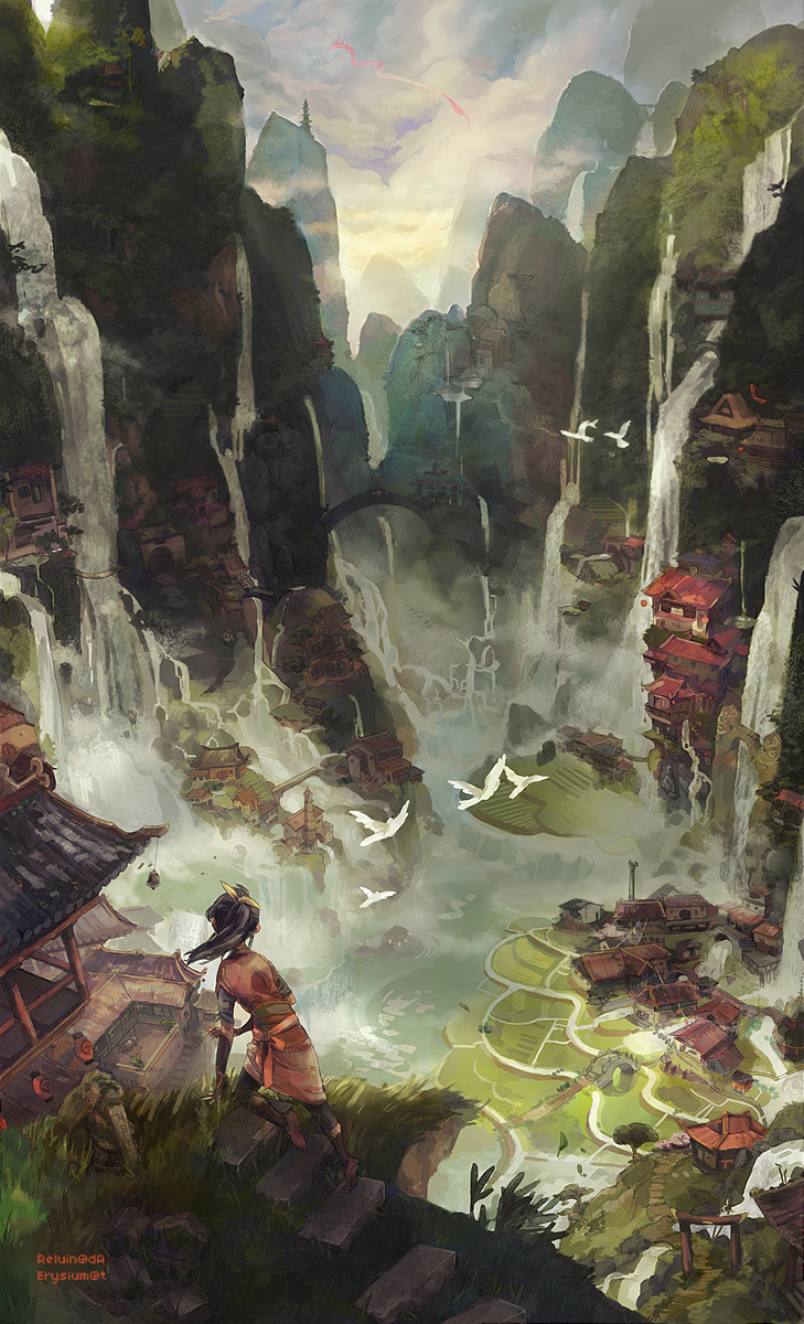 1girl bird black_hair bridge chinese_architecture chinese_clothes cliff dragon east_asian_architecture eastern_dragon from_above grass highres landscape lantern long_hair original paper_lantern reluin solo torii village water waterfall