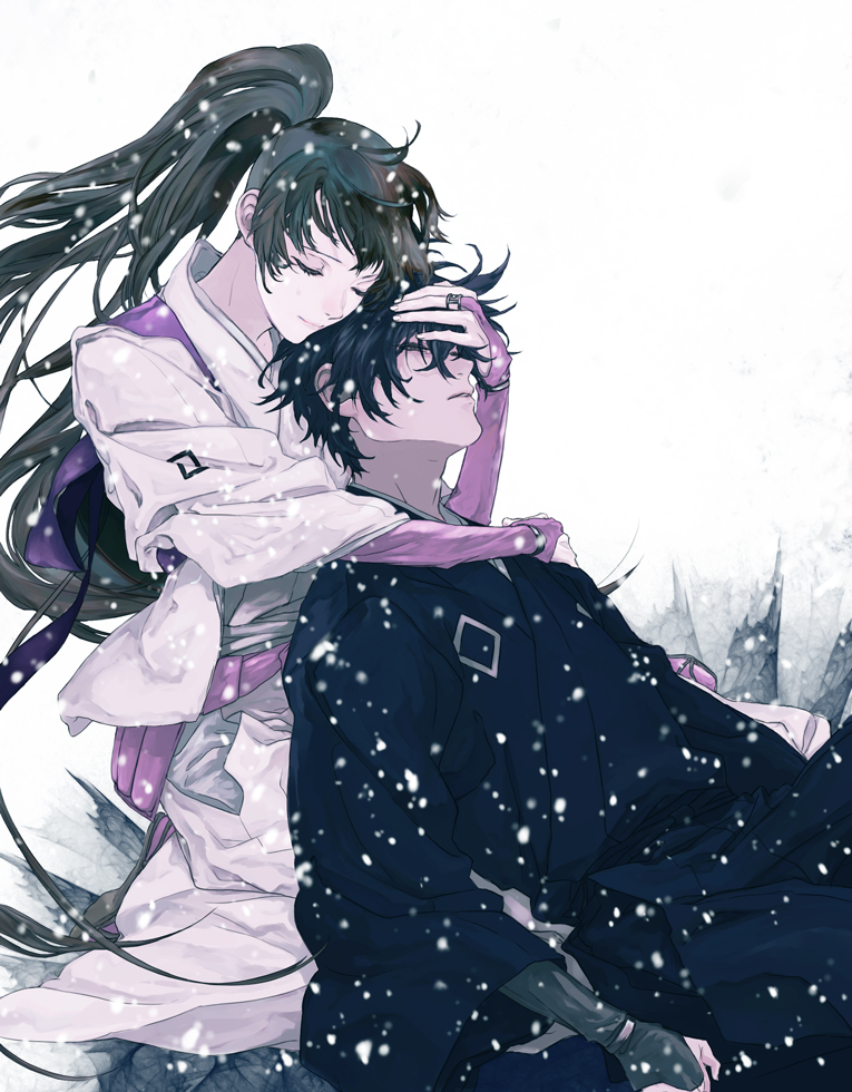 1girl black_hair bracelet closed_eyes couple eyes_closed fingerless_gloves gloves hug hug_from_behind japanese_clothes jewelry kekkaishi long_hair ponytail ring snow sumimura_yoshimori yaku_(ziroken) yukimura_tokine