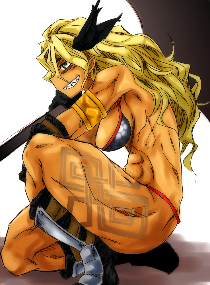 amazon_(dragon's_crown) amazon_(dragon's_crown) armor axe bikini_armor blonde_hair boots circlet dragon's_crown dragon's_crown green_eyes grin long_hair muscle muscular_female sharp_teeth smile solo sunahara_wataru tattoo thick_thighs thighs vanillaware weapon