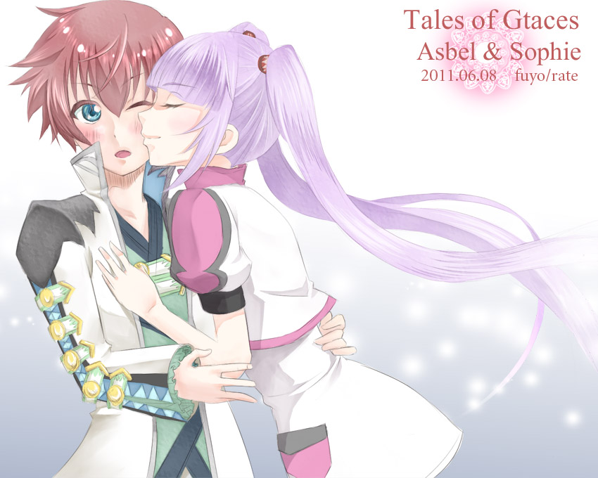 1girl :o asbel_lhant blue_eyes blush character_name closed_eyes coat couple eyes_closed fuyou/rate kiss long_hair open_mouth purple_hair red_hair redhead skirt smile sophie_(tales_of_graces) surprised tales_of_(series) tales_of_graces title_drop twintails