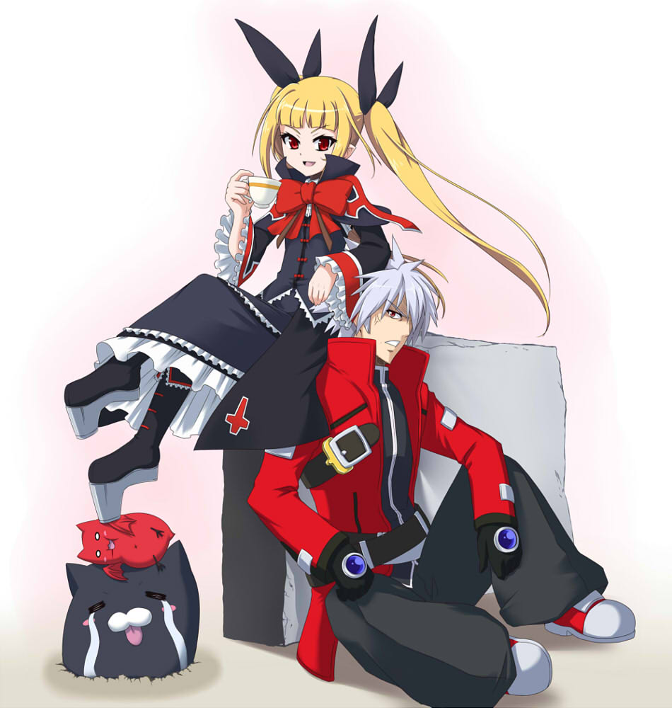 1boy 1girl anger_vein angry blazblue blonde_hair boots bow cat closed_eyes crossed_legs crying cup dress frills gii gloves gothic_lolita hair_ribbon heel-less_shoes jacket lolita_fashion long_hair nago open_mouth rachel_alucard ragna_the_bloodedge red_eyes ribbon s-no silver_hair sitting smile streaming_tears teacup tears twintails