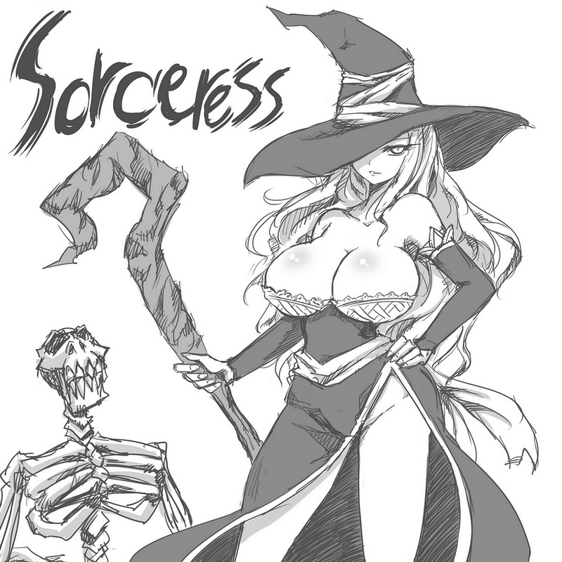 cleavage dragon's_crown dragon's_crown dress hat large_breasts legs long_hair monochrome rayno side_slit skeleton sorceress_(dragon's_crown) sorceress_(dragon's_crown) staff strapless_dress thighs witch_hat