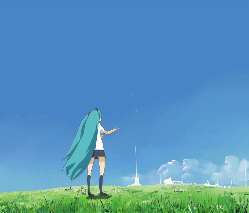 aqua_hair back cloud grass hatsune_miku keisan long_hair scenery sky twintails vocaloid