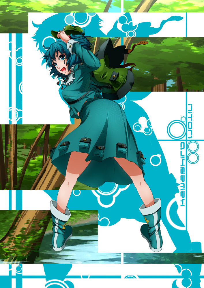 backpack bag bent_over blue_eyes blue_hair boots from_behind hat hullzion kawashiro_nitori legs looking_back open_mouth randoseru skirt solo touhou tree water