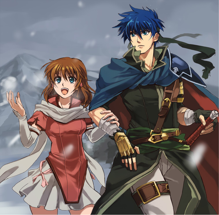 blue_hair brother_and_sister brown_hair cape elbow_gloves fire_emblem fire_emblem:_akatsuki_no_megami fire_emblem:_souen_no_kiseki gloves green_eyes hair_tubes headband height_difference ike machch mist_(fire_emblem) nintendo scarf short_hair siblings size_difference smile snow sword weapon
