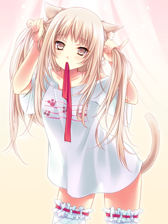 animal_tail bunching_hair cat_ears cat_tail curtains endyy garters long_hair mouth_hold no_pants original paw_print pinky_out ribbon_in_mouth shino_(endyy) solo tail thigh-highs thighhighs twintails