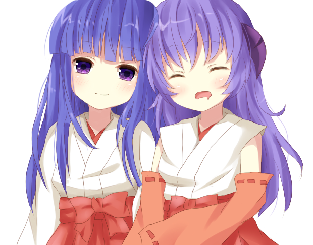 bad_id bangs blue_hair blunt_bangs closed_eyes detached_sleeves eyes_closed furude_rika hanyuu higurashi_no_naku_koro_ni horns japanese_clothes kasami_na long_hair looking_at_viewer miko multiple_girls no_nose open_mouth saliva simple_background sleeping smile