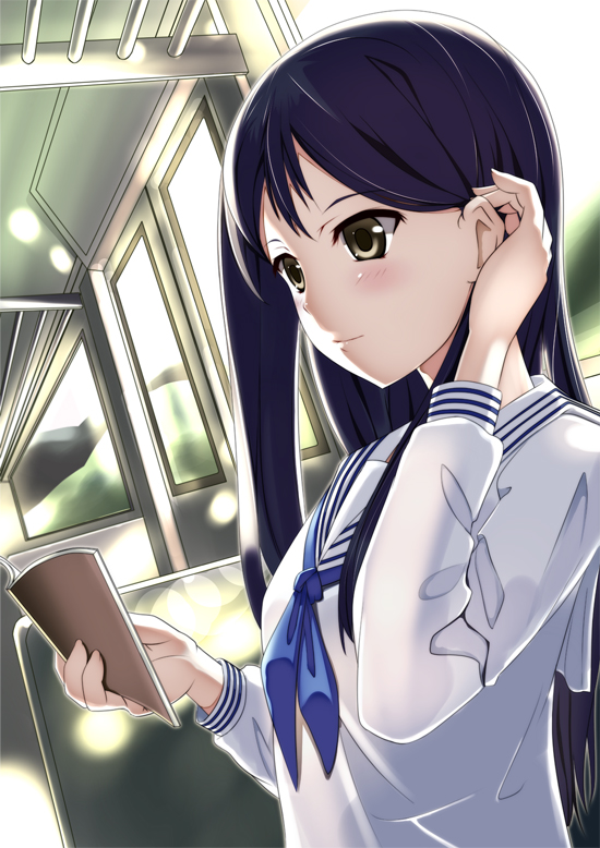 asakura_ryou_(artist) black_hair book bus bus_interior hanasaku_iroha holding holding_book long_hair motor_vehicle pale_skin reading school_uniform serafuku tsurugi_minko vehicle