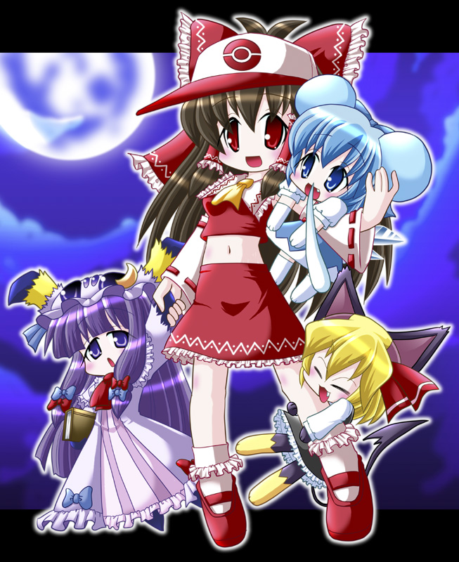 blonde_hair blue_eyes blue_hair cirno cosplay cubchoo full_moon hakurei_reimu hat joltik moon open_mouth patchouli_knowledge pokemon pokemon_(game) pokemon_black_and_white pokemon_bw purple_eyes purple_hair purrloin rumia short_hair shoshin-no-kai touhou touko_(pokemon) touko_(pokemon)_(cosplay) violet_eyes wings