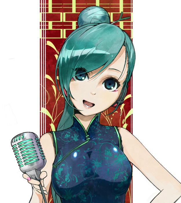 alternate_costume alternate_hairstyle aqua_eyes aqua_hair carlos_toshiki china_dress chinese_clothes face hatsune_miku head_tilt microphone open_mouth solo spring_onion vocaloid