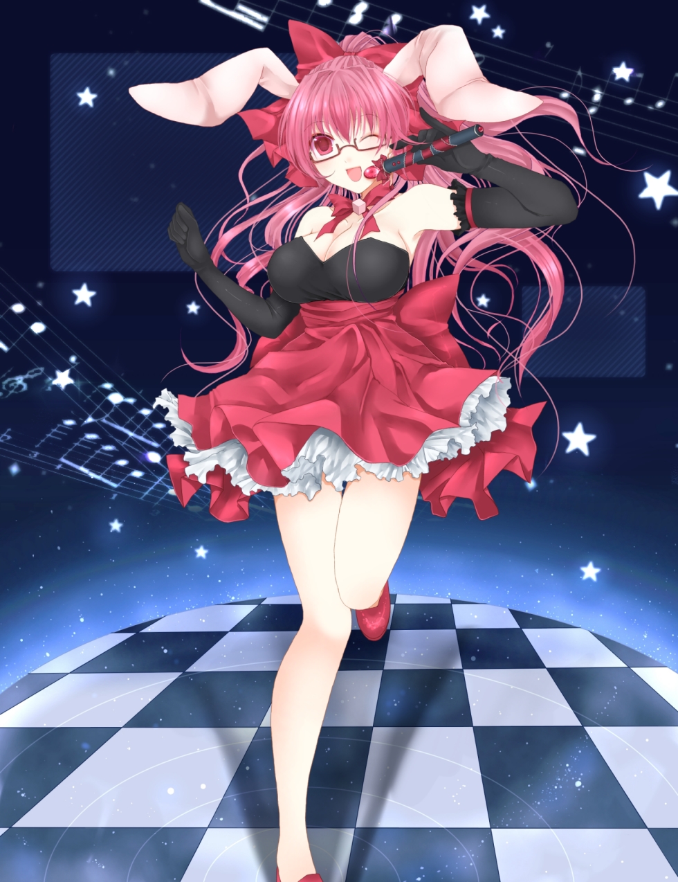 bare_shoulders bow breasts bunny_ears checkered checkered_floor choker cleavage di_gi_charat elbow_gloves glasses gloves highres long_hair microphone open_mouth pink_hair rara419 red_eyes skirt smile usada_hikaru wink