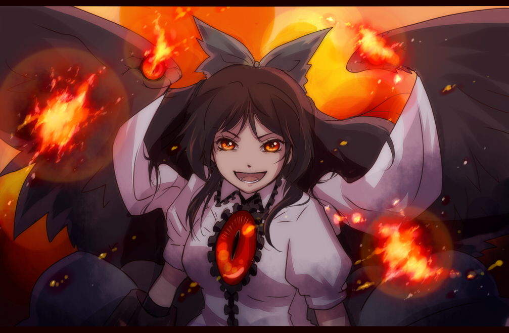 anime_coloring bow brown_hair bust cape dress_shirt eyes fire hair_bow kamabo_ko laughing letterboxed looking_at_viewer open_mouth orange_eyes reiuji_utsuho shirt short_sleeves solo touhou wings