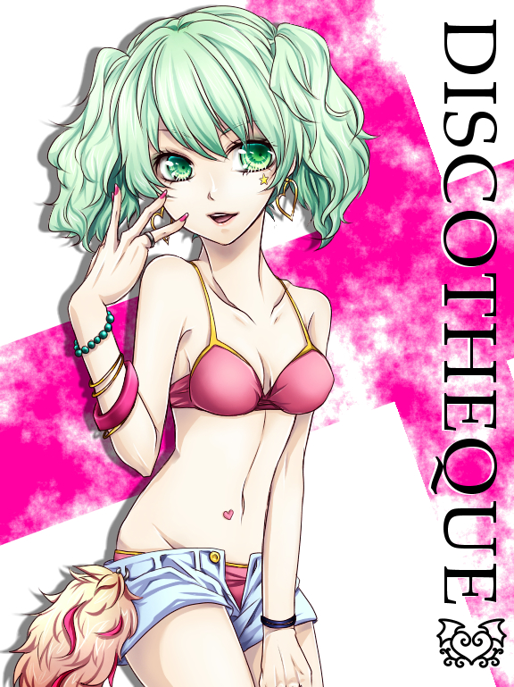 bare_shoulders bracelet earrings green_eyes green_hair hatsune_miku jewelry mairu_hana nail_polish navel open_fly ring short_shorts shorts solo unzipped vocaloid