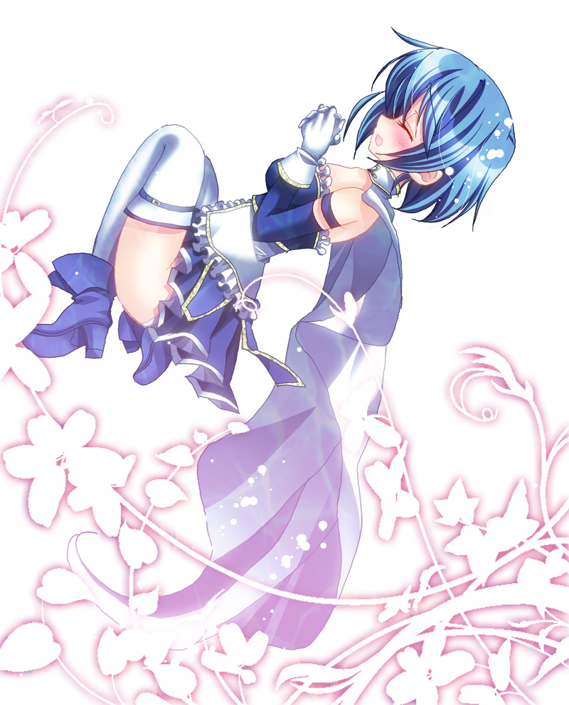 bare_shoulders blue_hair cape closed_eyes eyes_closed gloves hands_clasped high_heels magical_girl mahou_shoujo_madoka_magica miki_sayaka open_mouth shoes solo tears thigh-highs thighhighs usamiumi white_gloves white_legwear