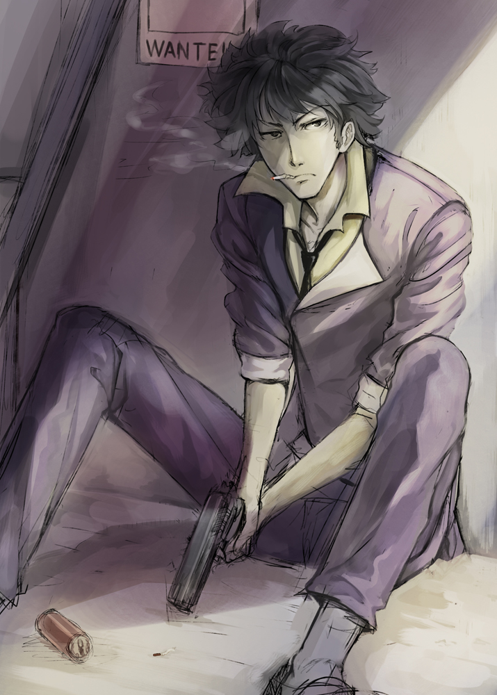 cigarette cowboy_bebop gun handgun necktie nidoro short_hair sitting smoking solo spike_spiegel weapon